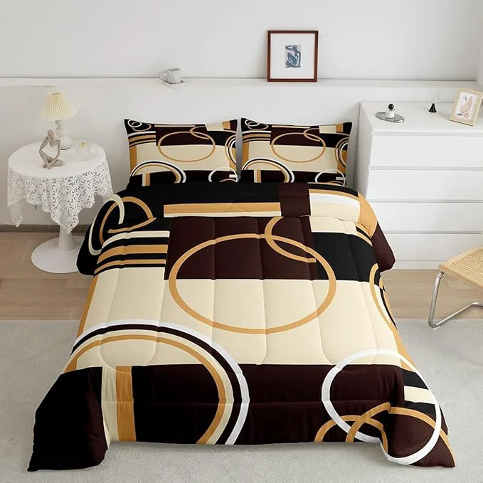 Quality Erosebridal Modern Geometric Comforter Set Queen Size Brown Black Stripes Down Comforter for Kids Adult Retro Circle Swirls Bedding Set Bedroom Decor Abstract Texture Color Art Comforter Reusable
