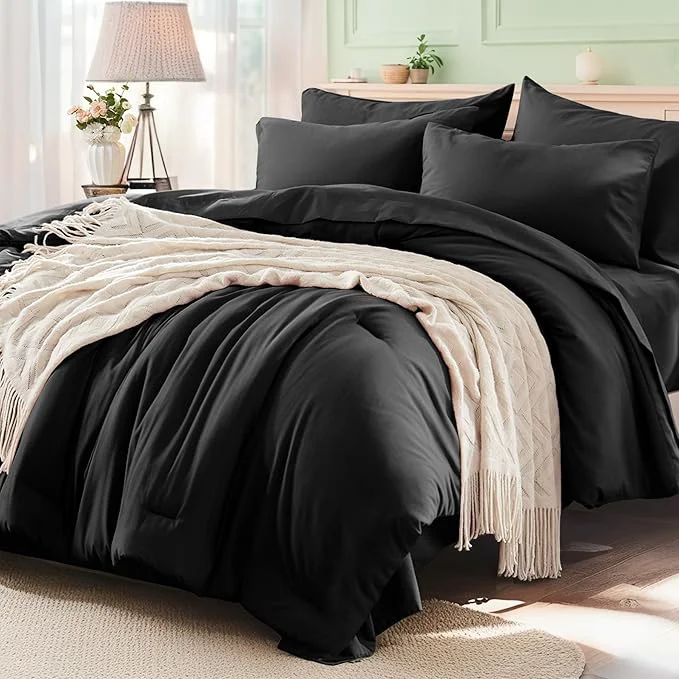 Exceptional Anluoer King Size Comforter Set – 7 Pieces Bedding Sets King Bed in a Bag Black Bed Set with 1 Comforter 2 Pillow Shams 2 Pillowcases 1 Flat Sheet 1 Fitted Sheet Lightweight