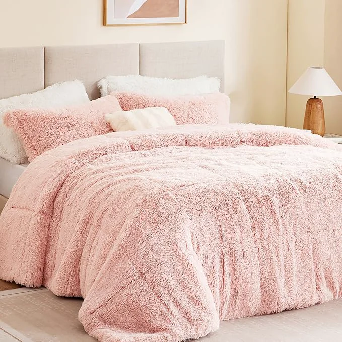 Genuine Intelligent Design Malea Shaggy Comforter Set Long Faux Fur Cozy Down Modern Casual Ultra Soft All Season Fluffy Bedding with Matching Sham Twin Twin XL Blush 2 Piece Stylish