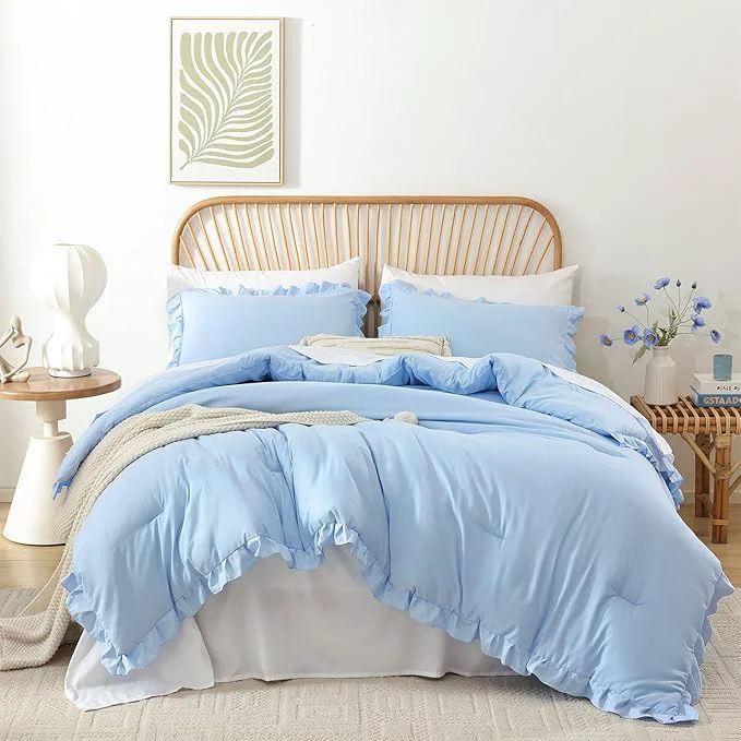 Fashionable JANZAA Ruffle Light Blue Comforter Set Queen Size Comforter 3PCS 1 Emerald Comforter and 2 Pillowcases Vintage Farmhouse Shabby Chic Bedding Soft Fluffy Comforter Set All Season Light Blue Queen Solid