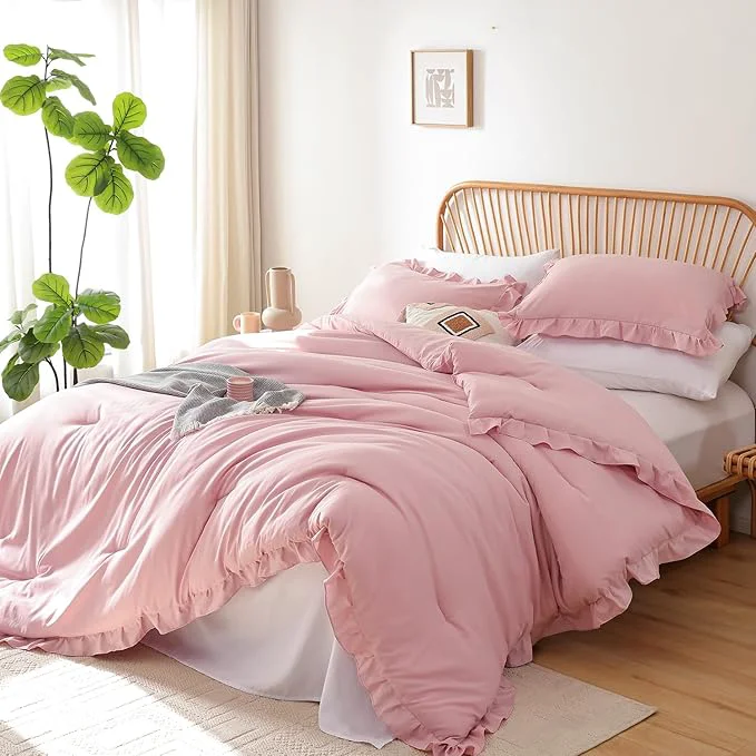 Genuine JANZAA King Comforter Set Baby Pink Ruffle Comforter with 2 Pillowcase Soft King Size Bed Set Vintage Farmhouse Bed Comforter Set Fluffy Shabby Chic Bedding for All Season High-Quality