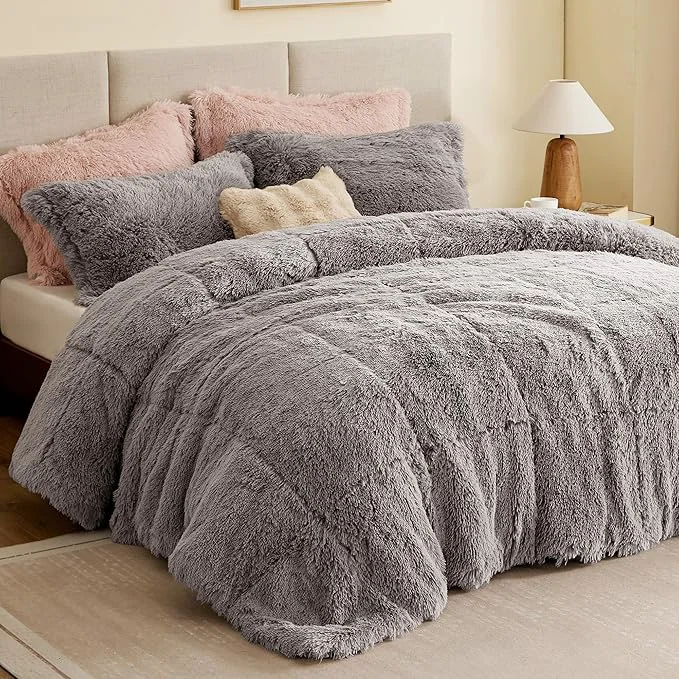 Superior Intelligent Design Malea Shaggy Comforter Set Long Faux Fur Cozy Down Modern Casual Ultra Soft All Season Fluffy Bedding with Matching Sham King Cal King Grey 3 Piece First-Class