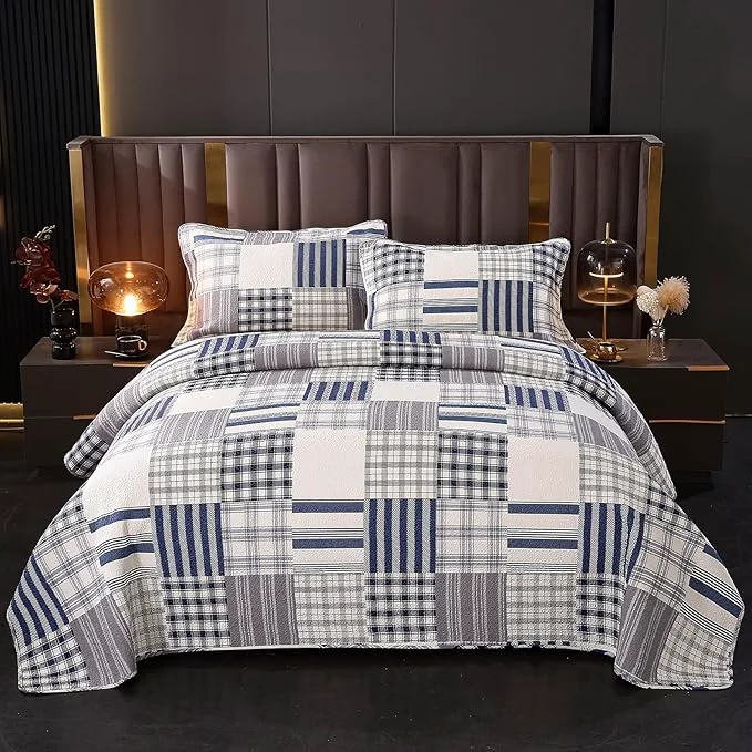 Green vctops Cotton Quilted Patchwork Quilt Set Queen Size Farmhouse Blue Plaid Bedspreads Coverlet 3 Pieces Summer Lightweight 1 Quilt and 2 Pillow Shams for All Season Plaid B Queen High-Quality