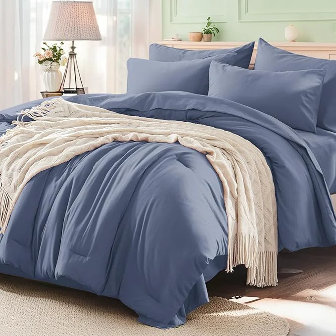 User-Friendly Anluoer Grayish Blue California King Comforter Set 7 Pieces Bed in a Bag with Sheets All Season Bedding Sets with 1 Comforter 2 Pillow Shams 2 Pillowcases 1 Flat Sheet 1 Fitted Sheet Recyclable
