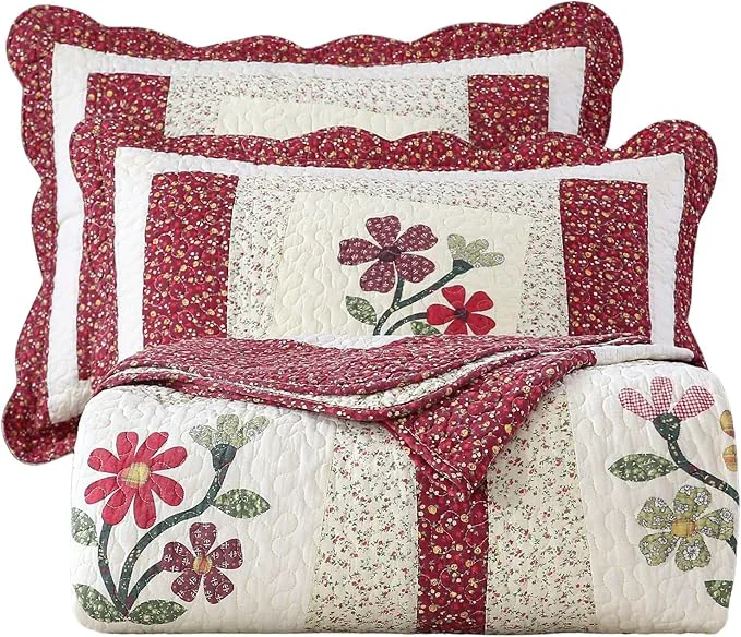 Verified vctops Christmas Red 3 Piece Embroidered Floral Quilted Bedspread Quilt Set Cotton Reversible Patchwork Coverlet Set 1 Quilt and 2 Pillow Shams Red Queen Organic