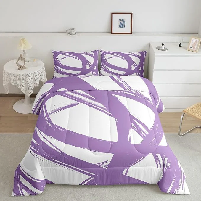 Specialty Purple and White Abstarct Comforter Set Twin Size for Kids Boys Girs Graffiti Stripes Lines Bedding Set Aesthetic Geometric Duvet Insert for Minimalists Contemporary Boho Modern Art Quilt Carefully Designed