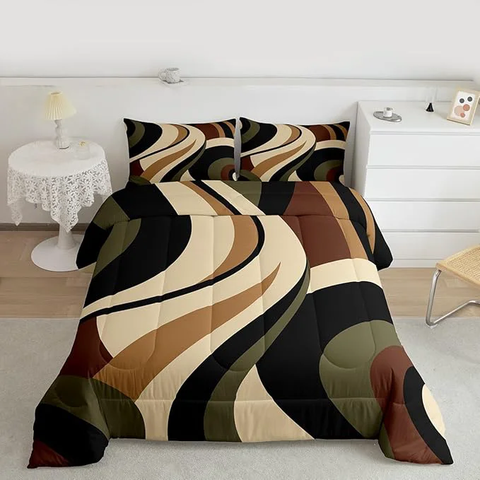 Secure Green Brown Spiral Bedding Full Size for Adult Women Men Modern Swirls Stripes Abstract Comforter for Minimalists Boho Aesthetic Geometric Bed Sets Graffiti Art Lines Quilt Duvet Insert Eco-Friendly