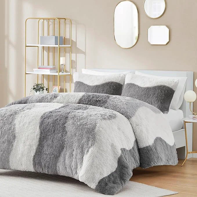 Fine Crafted Intelligent Design Shaggy Faux Fur Comforter Set Cozy amp Soft Long Fur with Ombre Color Waves Pattern Modern All Season Down Bed Set with Matching Sham Cassie Twin Twin XL Grey 2 Piece Responsible
