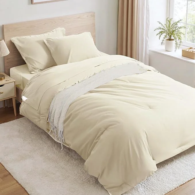 Innovative Anluoer Cream Twin Comforter Set 5 Pieces Bed in a Bag with Sheets All Season Bedding Sets with 1 Comforter 1 Pillow Sham 1 Pillowcase 1 Flat Sheet 1 Fitted Sheet Detailed