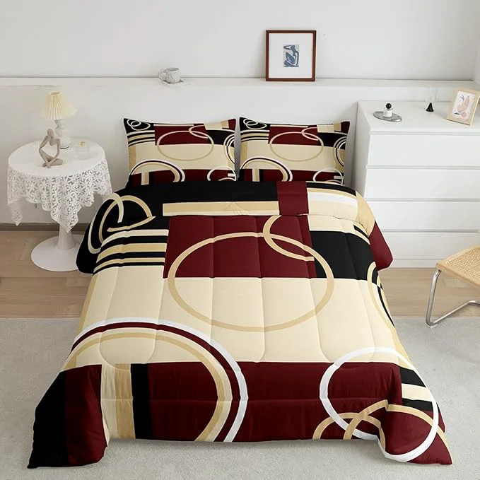 Casual Erosebridal Modern Geometric Comforter Set Red Brown Black Stripes Down Comforter King Size Retro Circle Swirls Bedding Set Bedroom Decor Abstract Texture Color Art Comforter for Kids Adult Consistent