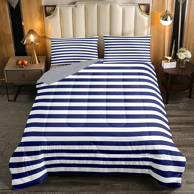 Trusted Navy Blue Stripe Comforter Set Full Size White Geometric Ticking Stripes Reversible Down Comforter Farmhouse Horizontal Stripes Gothic Home Decor Duvet Set Modern Abstract Striped Bedding Set High-Quality