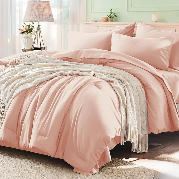 Eco-Friendly Anluoer Pink King Comforter Set 7 Pieces Bed in a Bag with Sheets All Season Bedding Sets with 1 Comforter 2 Pillow Shams 2 Pillowcases 1 Flat Sheet 1 Fitted Sheet Crafted