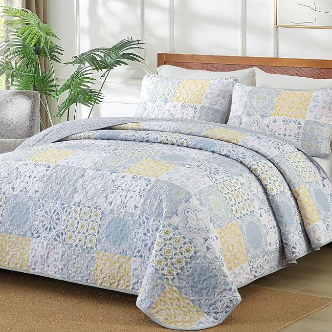 Original Dobuyly Full Size Quilt Set 3 Pieces Blue Yellow Grey Patchwork Bedspreads Boho Summer Coverlet Set Soft Lightweight Microfiber Bedding Set for All Seasons 78 quot x90 quot Certified