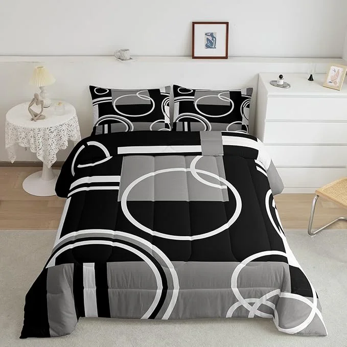 Environmentally Friendly Erosebridal Modern Grey Black Striped Comforter Set Geometric Down Comforter Queen Size Retro Circle Swirls Bedding Set Bedroom Decor Abstract Texture Color Art Comforter for Kids Adult Organic