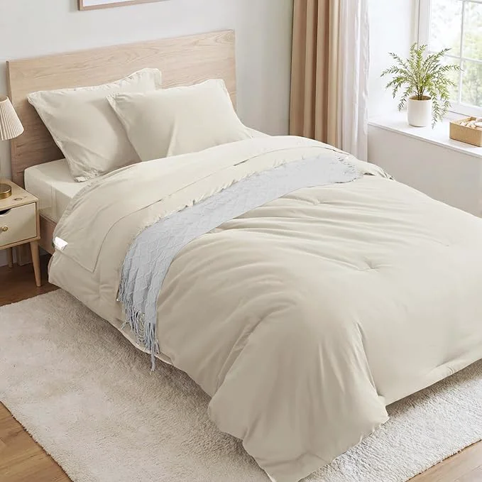 Exclusive Anluoer Beige Twin Comforter Set 5 Pieces Bed in a Bag with Sheets All Season Bedding Sets with 1 Comforter 1 Pillow Sham 1 Pillowcase 1 Flat Sheet 1 Fitted Sheet Breathable