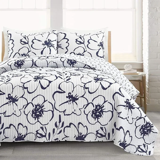 Comfortable Lush Decor Scandinavian Floral Quilt King Size Reversible 3 Piece Set Navy amp White – Floral Bedding Set King Quilt – White Bedding – Cottage Core Decor Dependable