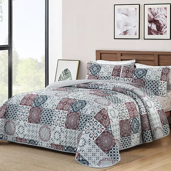 Modern Dobuyly Patchwork Quilt Set Queen Size Boho Plaid Bedspread Red Grey Quilt Coverlet Set 3 Pieces Soft Microfiber Lightweight Farmhouse Summer Bedding Set for All Seasons 96 quot x90 quot Easy-to-Use