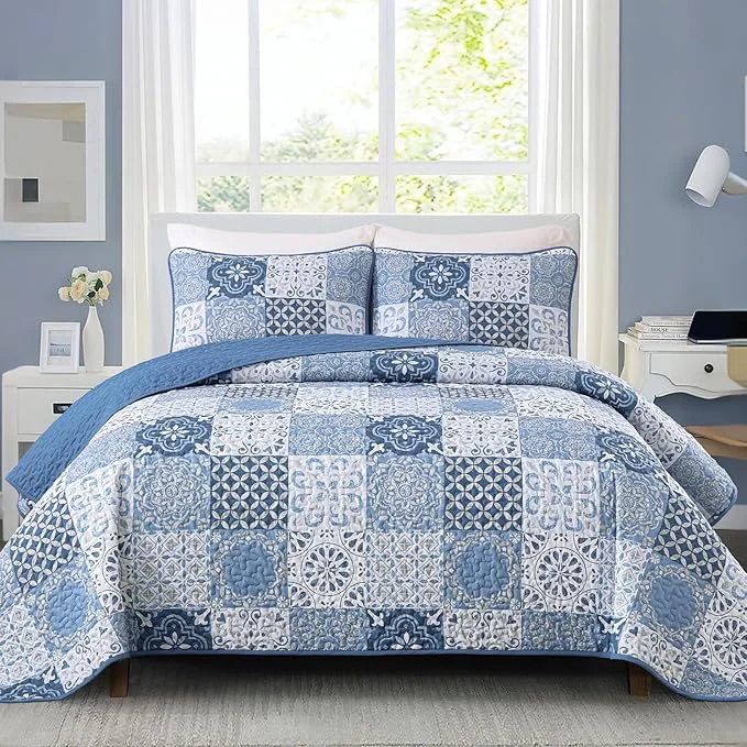 Next-Generation Dobuyly Blue Quilt Set Queen Size Boho Mineral Blue Plaid Patchwork Bedspreads Coverlet Set 3 Pieces Soft Lightweight Microfiber Quilt Bedding Set for All Seasons 96 quot x90 quot Smooth