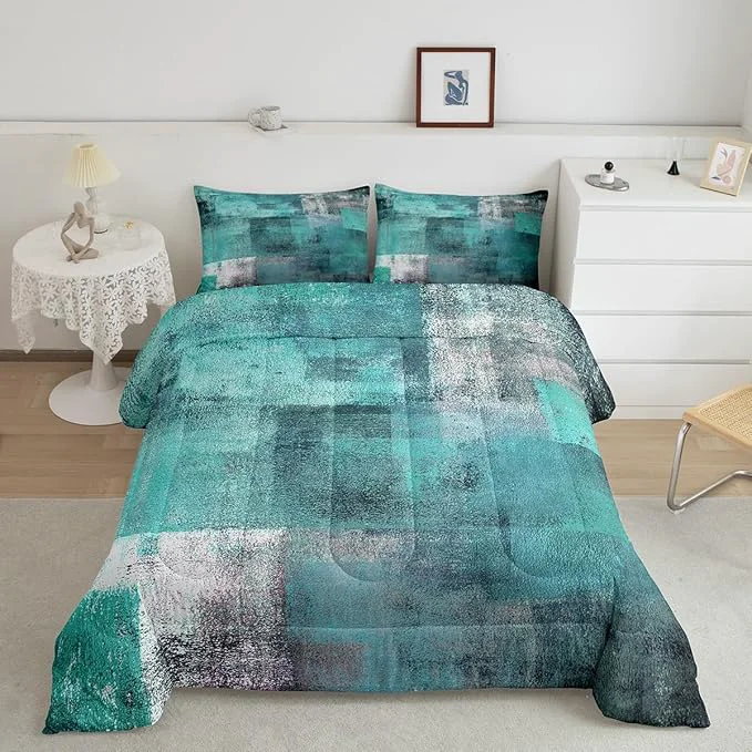 Verified Erosebridal Teal Comforter Set for Kids Boys Girls Mid Century Bedding Set King Oil Painting Bedding Comforter Sets Watercolor Ombre Abstract Art Duvet Insert with 2 Pillowcases Bedroom Decor Enhanced