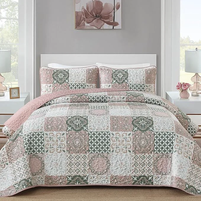 Enhanced Dobuyly Blush Quilt Set Queen Size Boho Patchwork Plaid Bedspread Coverlet Set 3 Pieces Soft Microfiber Farmhouse Quilt Bedding Set Lightweight Bed Cover for All Seasons 96 quot x90 quot Luxury