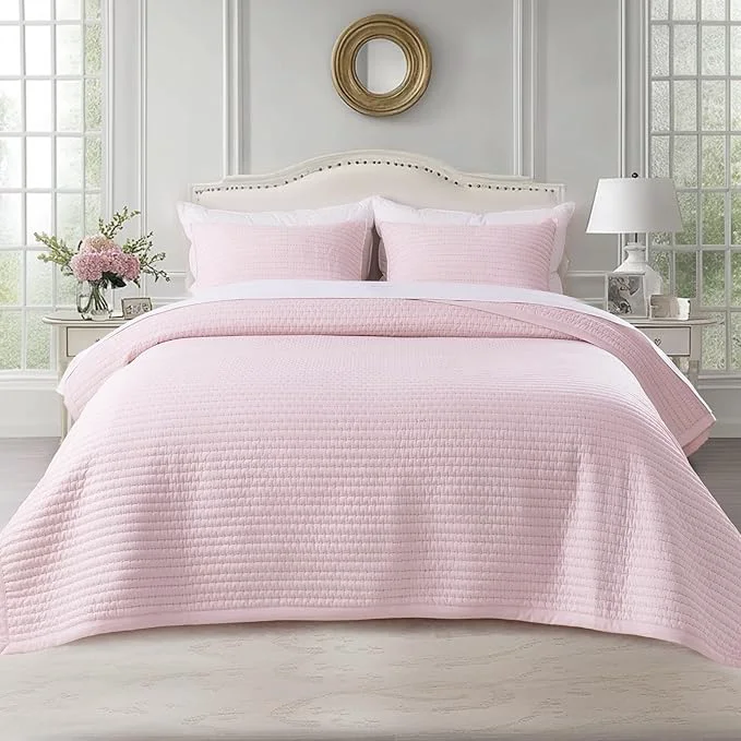 Fast KASENTEX Queen XL Quilt Set 98 quot x98 quot – Soft Washed 3-Layer Lightweight Bedspread Minimalist Nordic Design All-Season Spring amp Summer Quilt Set 1 Quilt 2 Pillow Shams Pink Stylish