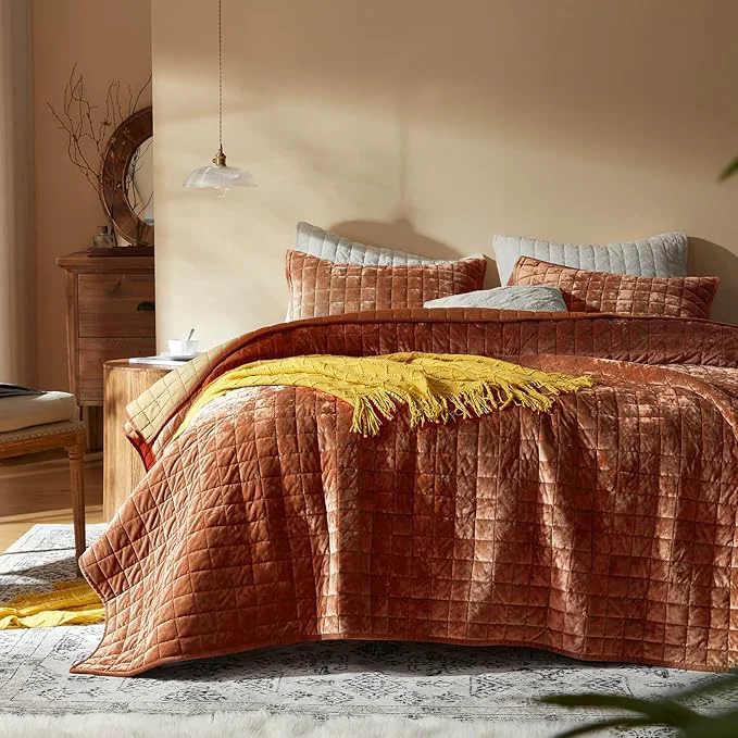 Recyclable LEAONME Velvet Quilt Oversized California King-120 39 39 x120 39 39 Lightweight Burnt Orange Velvet Comforter Set with 2 Pillow Shams Oversized Bedspread Coverlet Quilted Bedding Set for All Season Clean