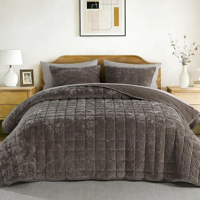 Specialty KASENTEX Greek Velvet Twin Quilt Set 3× Softer Luxe Sheen Cotton Backing 150GSM Down- Fill Expanded 68×90 quot Coverage for Fuller Side Drape 1 Quilt 1 Pillow Shams Fossil