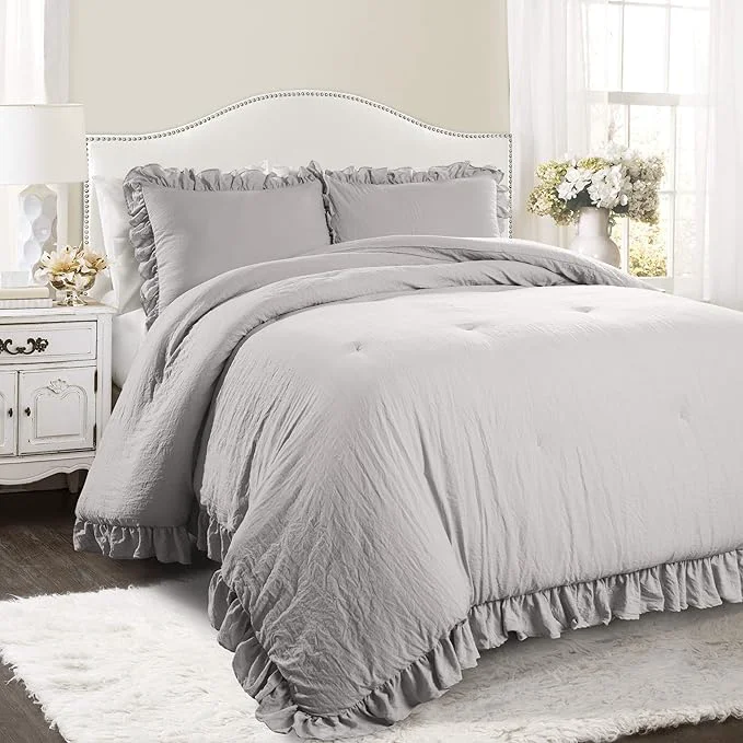 Fast Lush Decor Reyna Ruffle Comforter Set Full Queen Light Grey 3 Piece Cozy Bedding Set First-Class