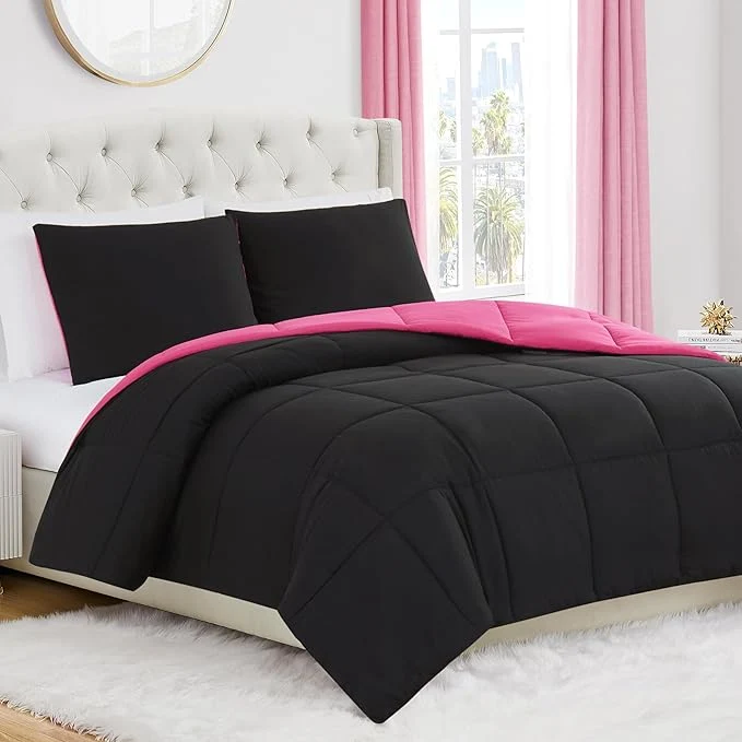 Expertly Made Juicy Couture Reversible Box Stitch Comforter Set 3-Piece Full Queen – Hot Pink Black – Glam Bedding Set Environmentally Friendly