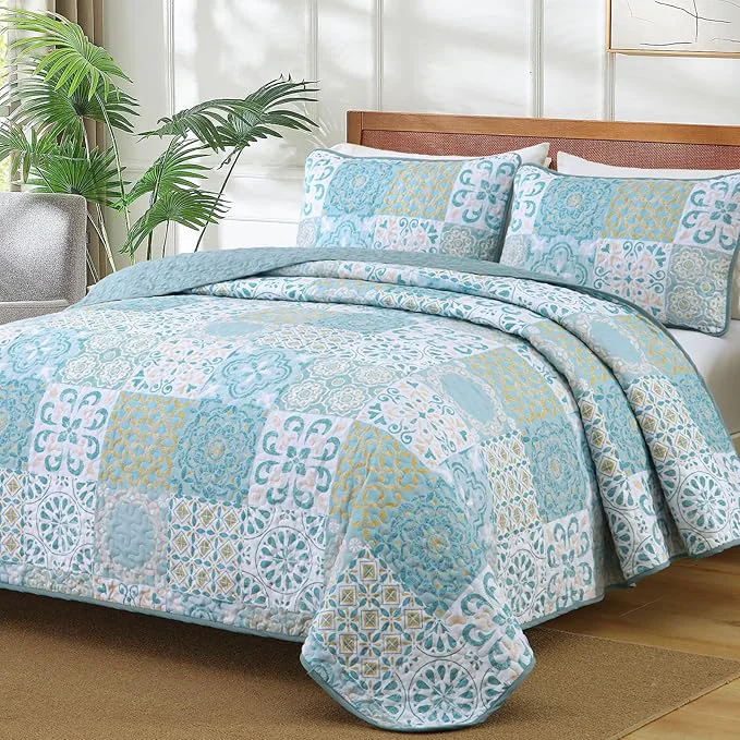 Durable Dobuyly Patchwork Quilt Set King Size Aqua Blue Boho Summer Bedspreads Coverlet Set 3 Pieces Soft Lightweight Microfiber Quilt Bedding Set for All Seasons 110 quot x90 quot Authentic