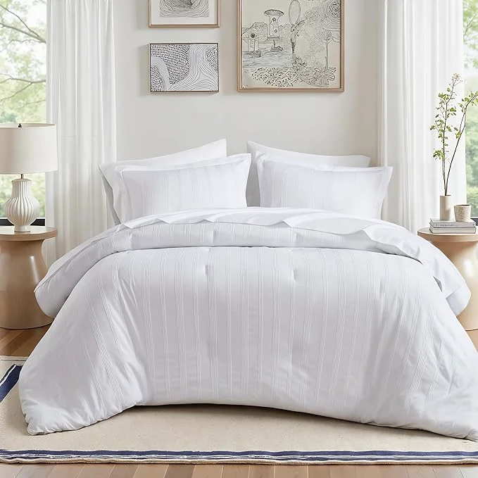 Functional Madison Park Essentials Striped Comforter Set Cal King 7 Pieces Modern Minimalist Jacquard Bedding Set for All Season Bed in A Bag with Sheet Set and Soft Brushed Reverse Lightweight White Original Design