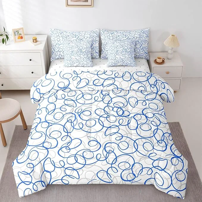 Refined Erosebridal Blue White Geometric 7 Piece Comforter Set Queen Abstract Line Modern Art Bedding Set for Kids Teens Boys Chic Swirls Bed in A Bag Texture Artwork Sheet Set Bedroom Decor Authentic