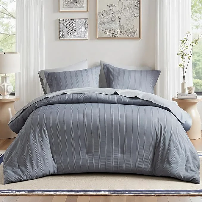 Sustainable Madison Park Essentials Striped Comforter Set Queen 7 Pieces Modern Minimalist Jacquard Bedding Set for All Season Bed in A Bag with Sheet Set and Soft Brushed Reverse Lightweight Blue Grey Premium