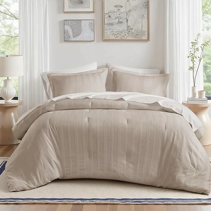 First-Class Madison Park Essentials Striped Comforter Set Cal King 7 Pieces Modern Minimalist Jacquard Bedding Set for All Season Bed in A Bag with Sheet Set and Soft Brushed Reverse Lightweight Neutral Efficient