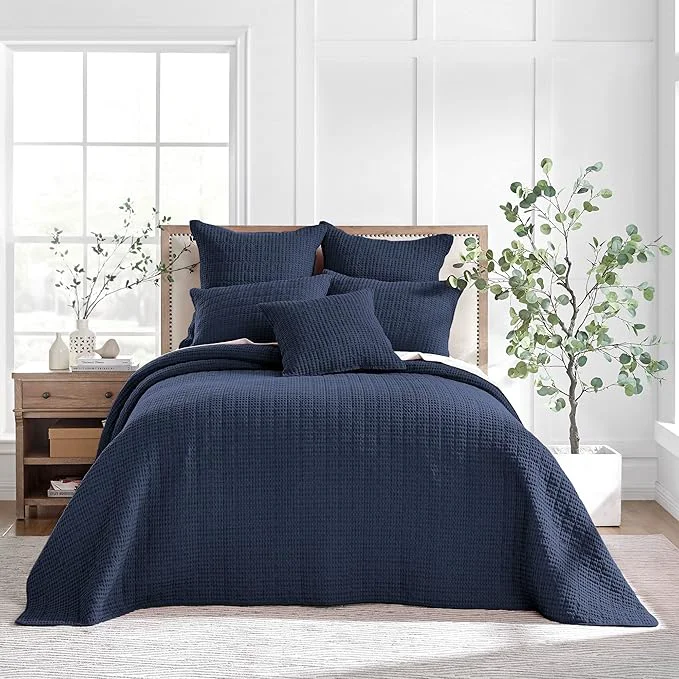 High-Performance Levtex Home Mills Waffle Twin Bedspread Set 84x104in with 1 Pillow Sham 26x20in – Navy – Cotton Twin Size Bedspread Set – Lightweight Soft Pre-Washed Fine