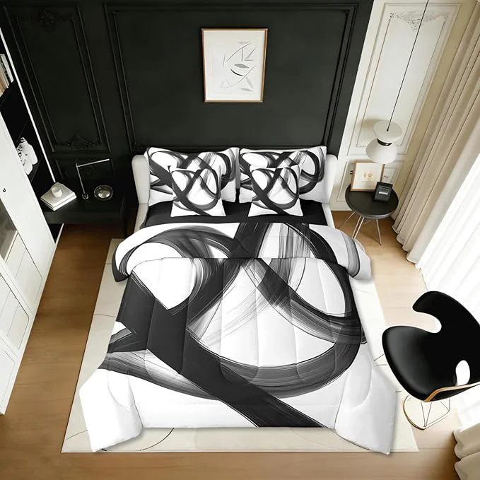 Solid Erosebridal Abstract Modern Black White 7 Piece Comforter Set Twin Bed in A Bag Neutral Minimalist Lines Bedding Set for Boys Men Geometric Sheet Set Contemporary Art Simple Quilt Room Decor Quality