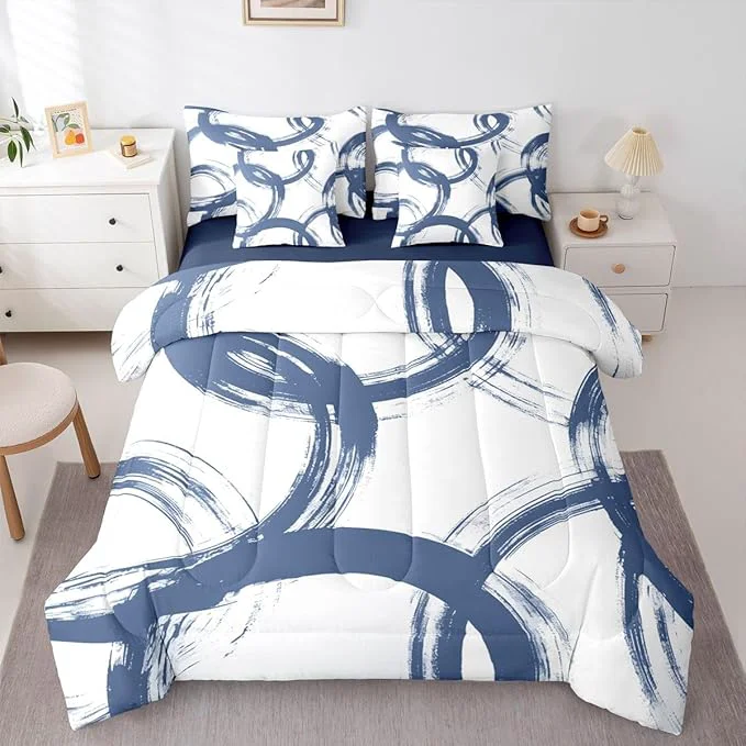 Healthy Erosebridal Blue and White 7 Piece Comforter Set King Abstract Line Ink Painting Bedding Set for Kids Boys Girls Simple Minimalist Graffiti Art Modern Geometric Sheet Set Boho Cool Unique Mens Quilt World-Class