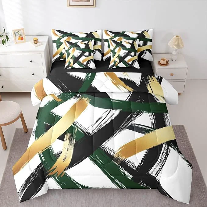Specialty Erosebridal Black Green Gold Abstract 7 Piece Comforter Set Full Modern Minimalist Line Geometric Bedding Set Minimalist Simple Sketch Art Bed in A Bag Cool Unique Contemporary Sheet Set Prestigious