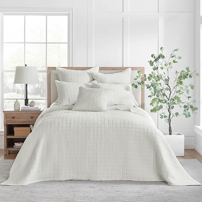 Effective Levtex Home Mills Waffle King Bedspread Set 122x106in with 2 Pillow Shams 36x20in – Cream – Cotton Waffle King Size Bedspread Set – Soft Pre-Washed Organic