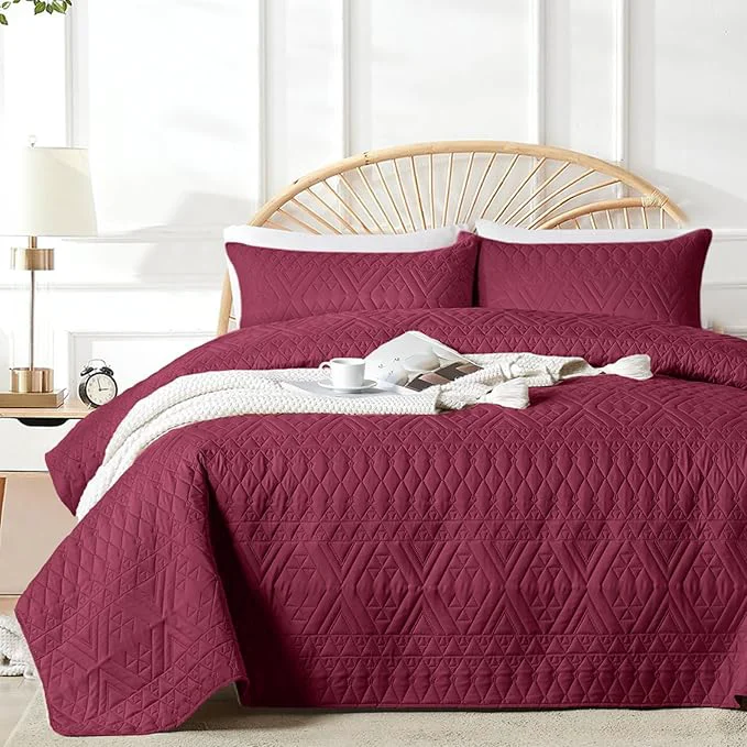 Smart akkialla Full Queen Quilt Set Burgundy Lightweight Microfiber Bedspread Coverlet Boho Geometric Pattern Soft All-Season Bedding 3-Piece 1 Quilt 2 Pillow Shams Breathable fabric Modern style Authentic