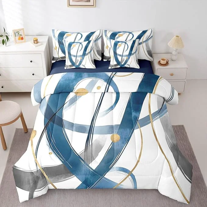 Fast Erosebridal Blue Abstract 7 Piece Comforter Set King Modern Gold Grey Line Bedding Set Minimalist Simple Cool Unique Geometric Comforter for Man Teens Fashion Aesthetic Sheet Set Room Decor Contemporary