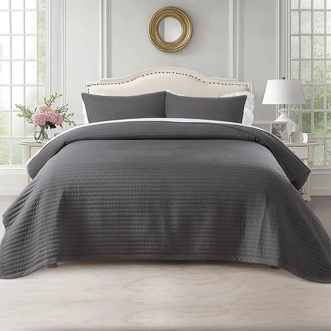 Efficient KASENTEX Queen XL Quilt Set 98 quot x98 quot – Soft Washed 3-Layer Lightweight Bedspread Minimalist Nordic Design All-Season Spring amp Summer Quilt Set 1 Quilt 2 Pillow Shams Tornado Dark Grey Convenient