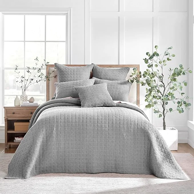 High-Performance Levtex Home Mills Waffle King Bedspread Set 122x106in with 2 Pillow Shams 36x20in – Grey – Cotton Waffle King Size Bedspread Set – Soft Pre-Washed Premium Material