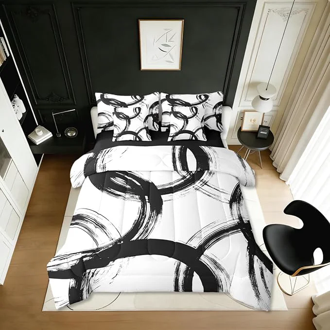 Original Erosebridal Black and White 7 Pcs Comforter Set Twin Abstract Line Minimalist Ink Painting Bedding Set for Kids Boys Girls Simple Graffiti Art Modern Geometric Sheet Set Boho Cool Unique Mens Quilt Luxury