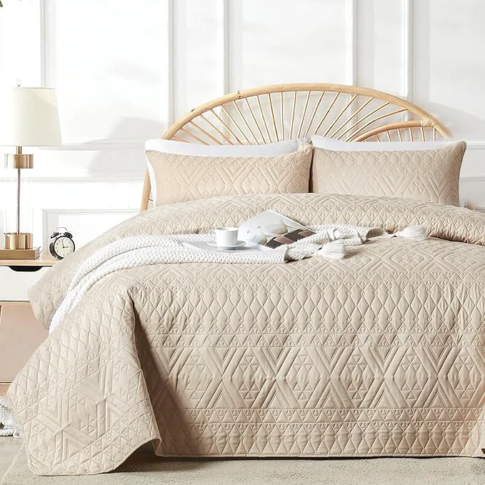 Sustainable akkialla Full Queen Size Quilt Bedding Set Beige Lightweight Microfiber Soft Bedspread Modern Style Geoetric Pattern Coverlet Set for All Seasons 3 Piece 1 Quilt 2 Pillow Shams Effective