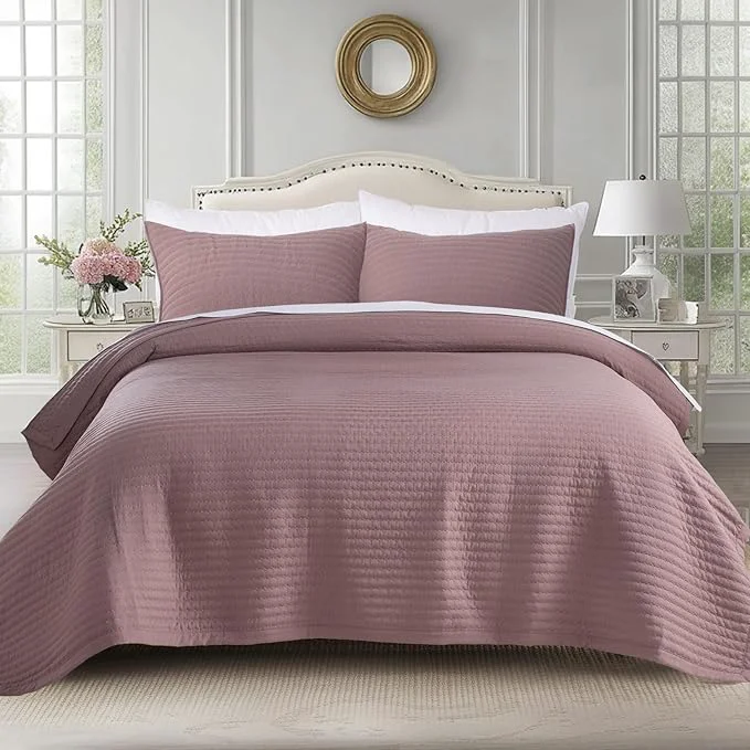 Excellent Oversized Queen Quilt Set 102 quot x106 quot – Soft Washed 3-Layer Lightweight Bedspread Minimalist Nordic Design All-Season Spring amp Summer Quilt Set 1 Quilt 2 Pillow Shams Twilight Mauve Purple Eco-Friendly
