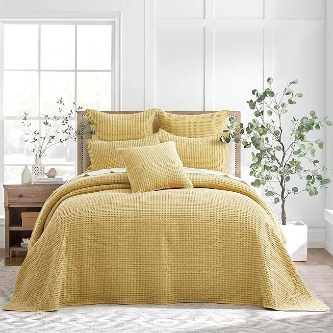 Breathable Levtex Home Mills Waffle King Bedspread Set 122x106in with 2 Pillow Shams 36x20in – Ochre – Cotton Waffle King Size Bedspread Set – Soft Pre-Washed Flexible