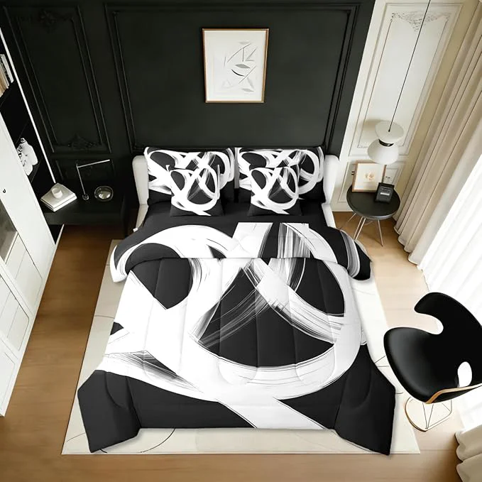 Durable Erosebridal Abstract Modern 7 Piece Comforter Set King Bed in A Bag Black White Lines Geometric Bedding Set Minimalist Contemporary Stripes Sheet Set Ink Painting Simple Aesthetic Neutral Quilt Elite