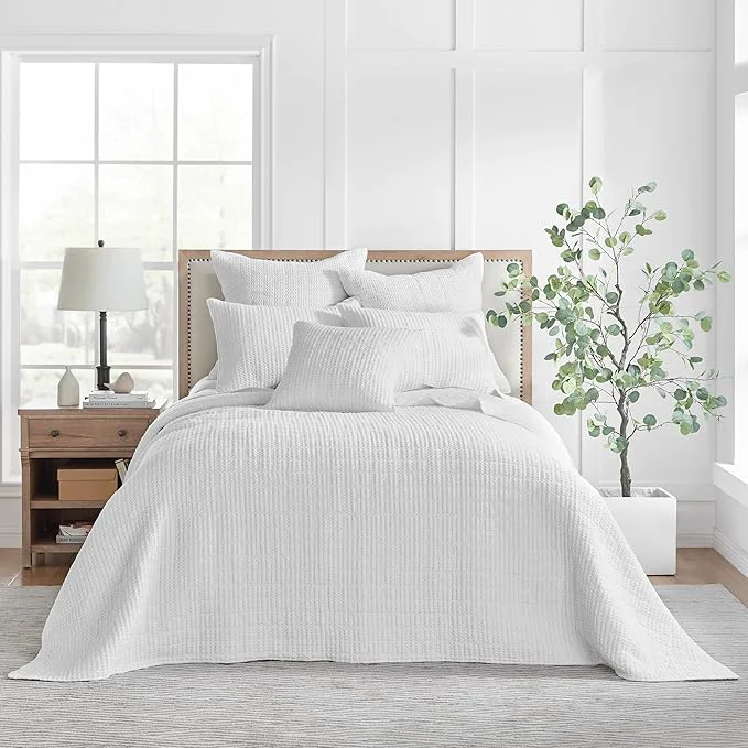 Levtex Home Mills Waffle Full Bedspread Set 100x104in with 2 Pillow Shams 26x20in – Bright White – Cotton Full Size Bedspread Set – Lightweight Soft Pre-Washed Casual