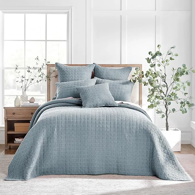 Reusable Levtex Home Mills Waffle Queen Bedspread Set 106x106in with 2 Pillow Shams 26x20in – Chambray – Cotton Waffle Queen Size Bedspread Set – Lightweight Soft Pre-Washed Outstanding